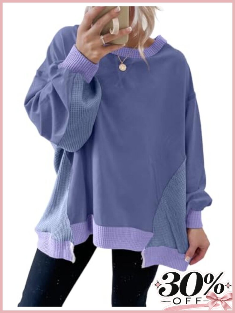 Waffle Knit Color Block Oversized Sweatshirt Crew Neck Long Sleeve Pullover